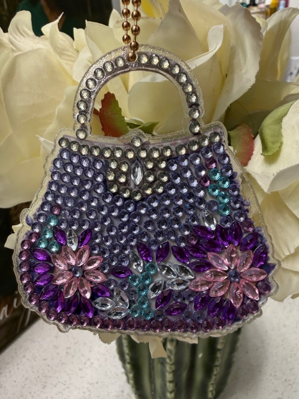 Rhinestone Purple Floral Handbag Key & Card Holder Charm